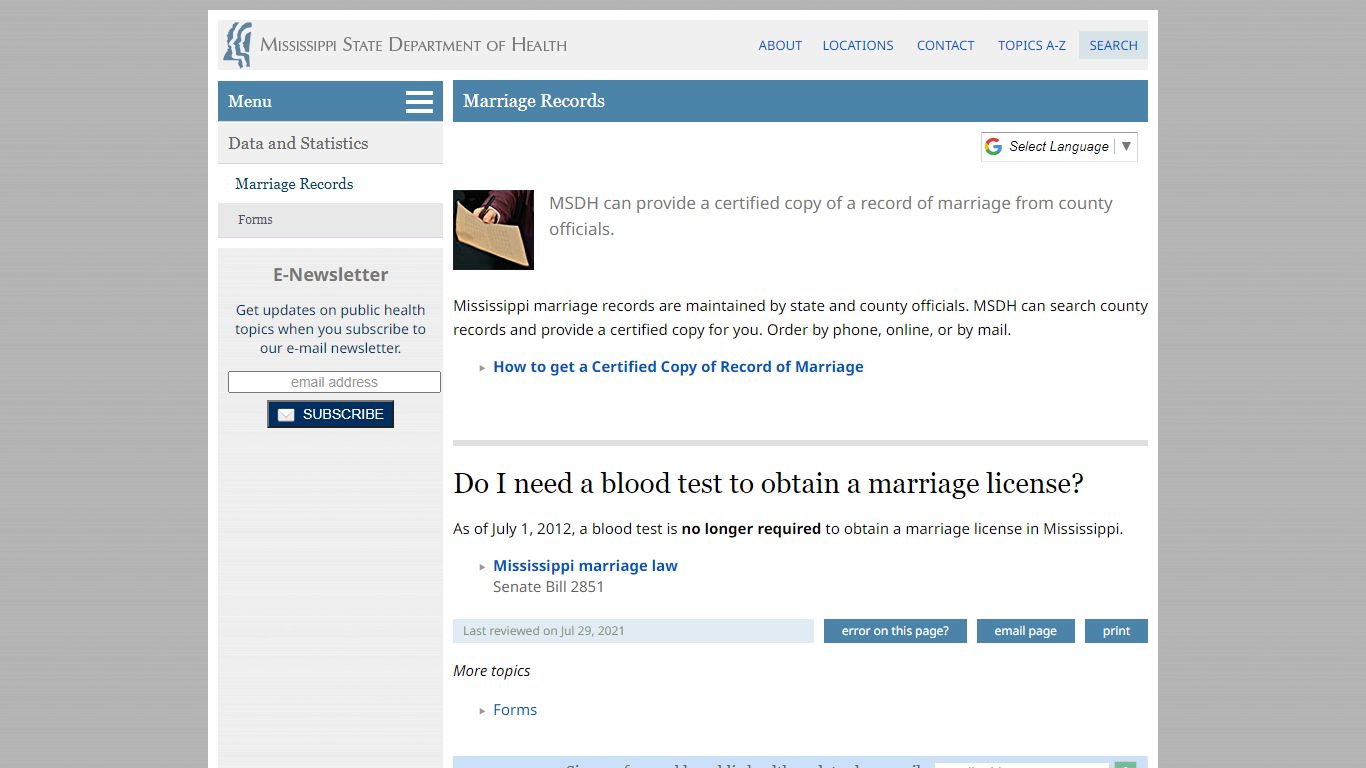 Marriage Records - Mississippi State Department of Health